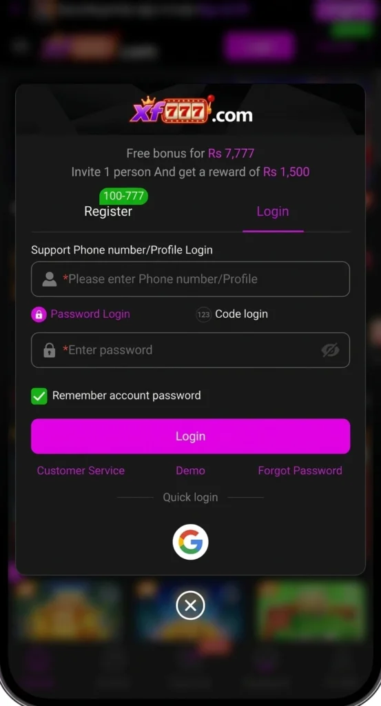 XF777 Game login register image