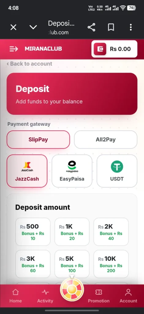 Miranaclub deposit